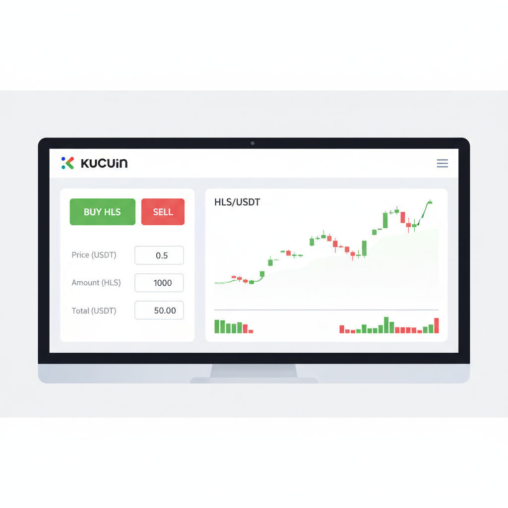 KuCoin trading interface buying HLS token, green buy button, price chart --ar 16:9