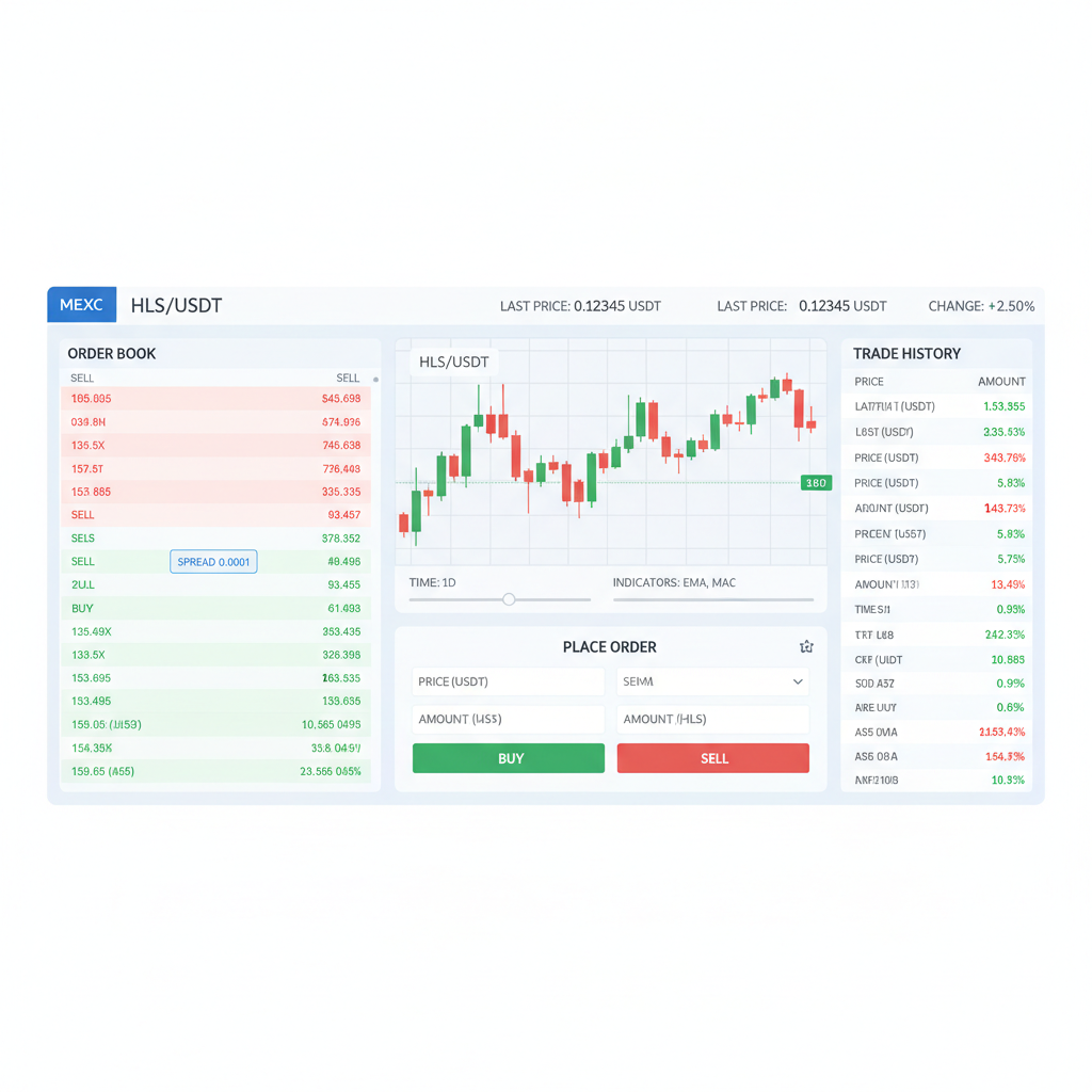 MEXC exchange HLS/USDT trading screen, order book and chart --ar 16:9