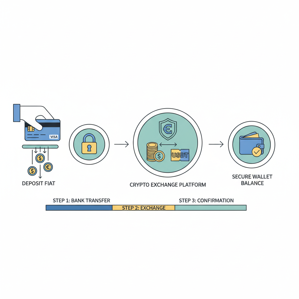 user depositing fiat to crypto exchange, bank card and USDT icons, secure transaction --ar 16:9