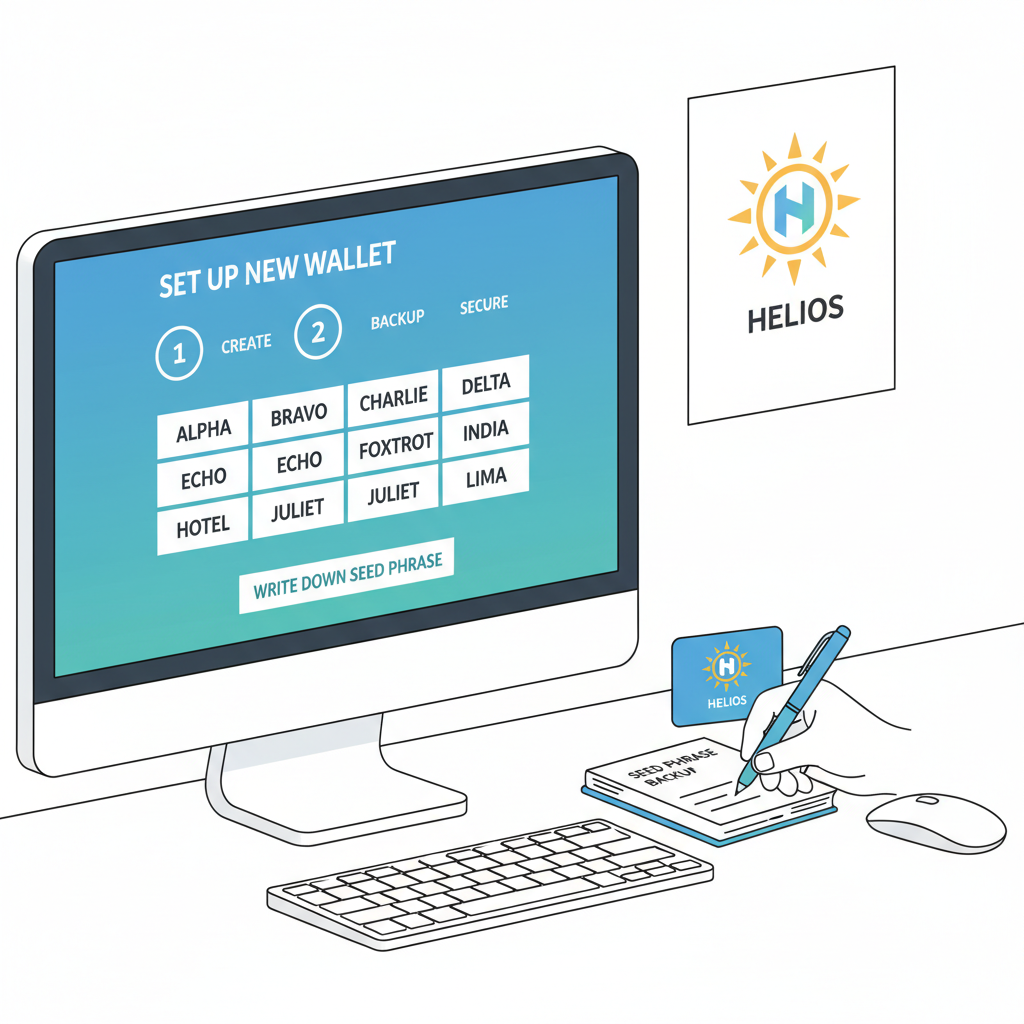 setting up crypto wallet on desktop, seed phrase backup, Helios logo --ar 16:9