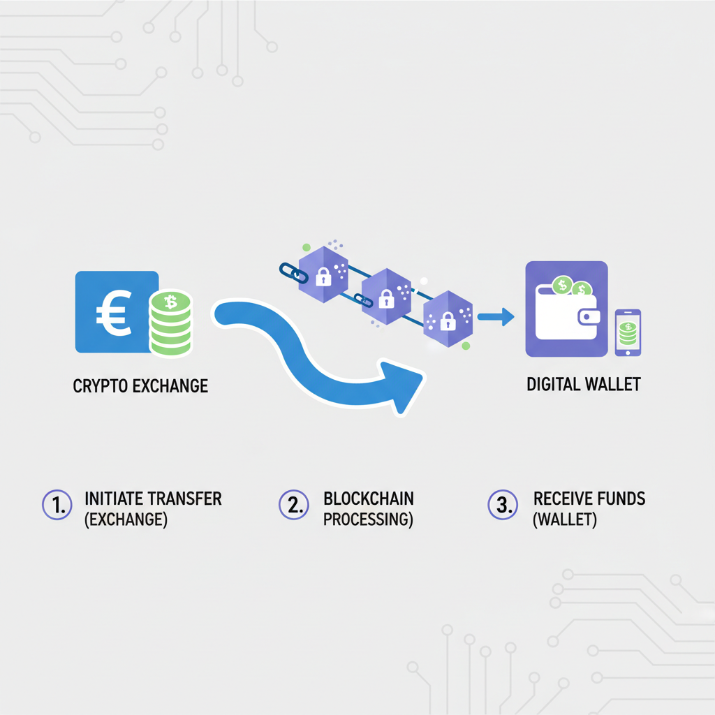 transferring crypto from exchange to wallet, arrow flow, blockchain icons --ar 16:9