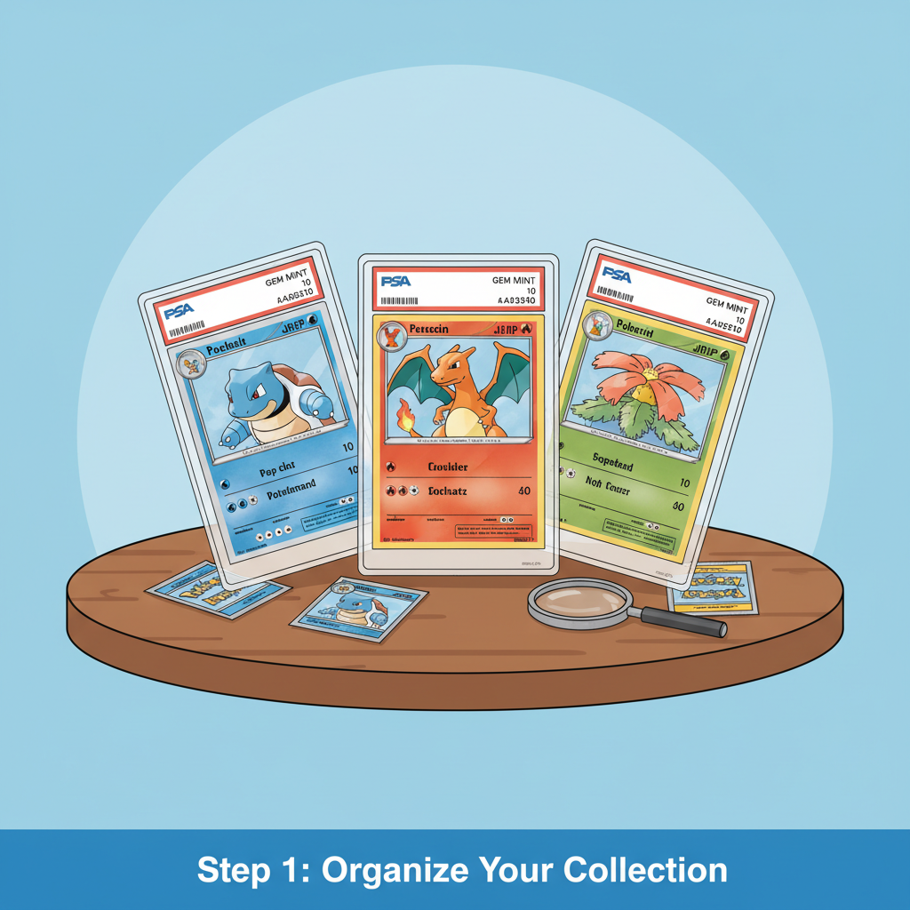 Vibrant PSA graded Pokémon cards like Charizard on a collector's table, slabs gleaming, high detail, photorealistic