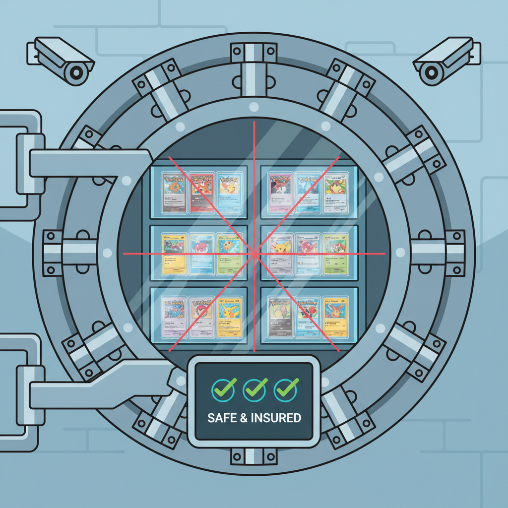 High-security vault with Pokémon cards in protective slabs, locked doors, surveillance, safe and insured atmosphere