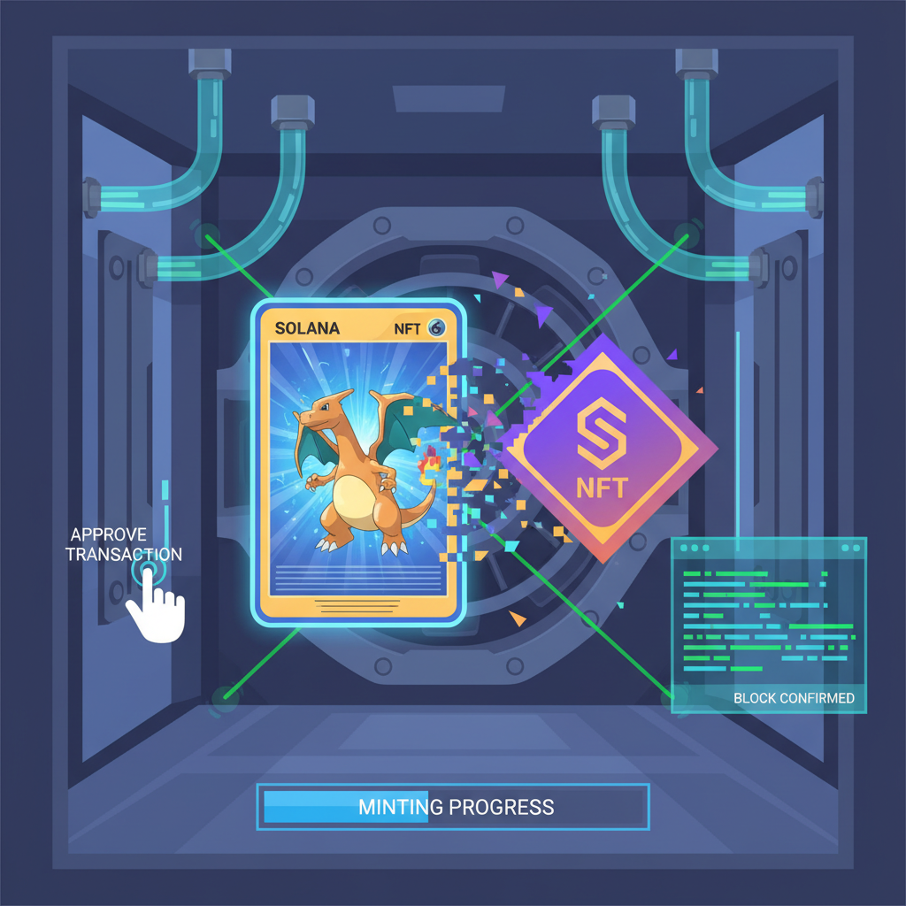 Glowing Pokémon card morphing into Solana NFT, blockchain minting animation, secure vault background, vibrant digital art