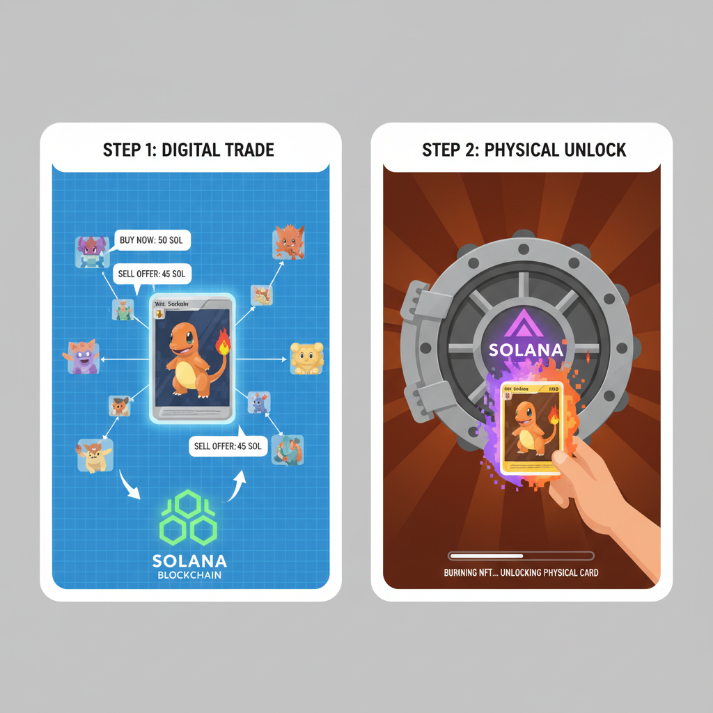 Pokémon NFT trading on bustling digital marketplace or burning to reveal physical card from vault, Solana blockchain, dynamic trading scene