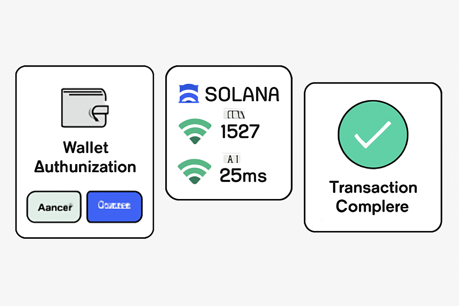A wallet authorization pop-up with 'Approve' highlighted, Solana network speed indicators, and a completed transaction animation