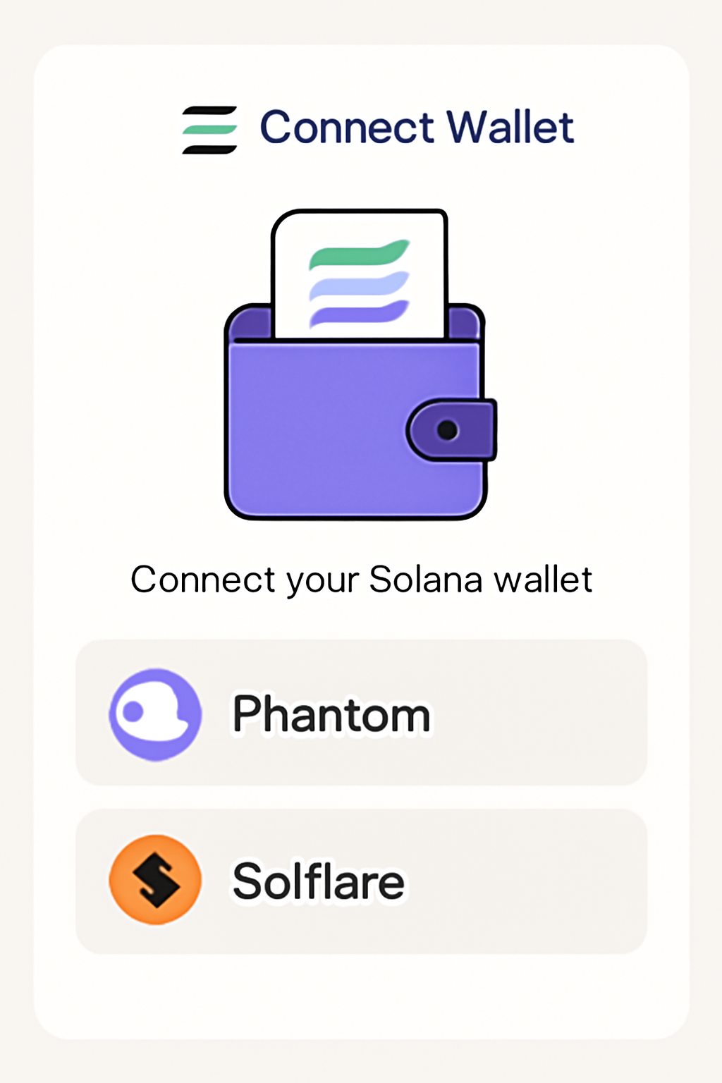 A digital wallet connection screen showing options like Phantom and Solflare, with Solana branding, clear and user-friendly interface