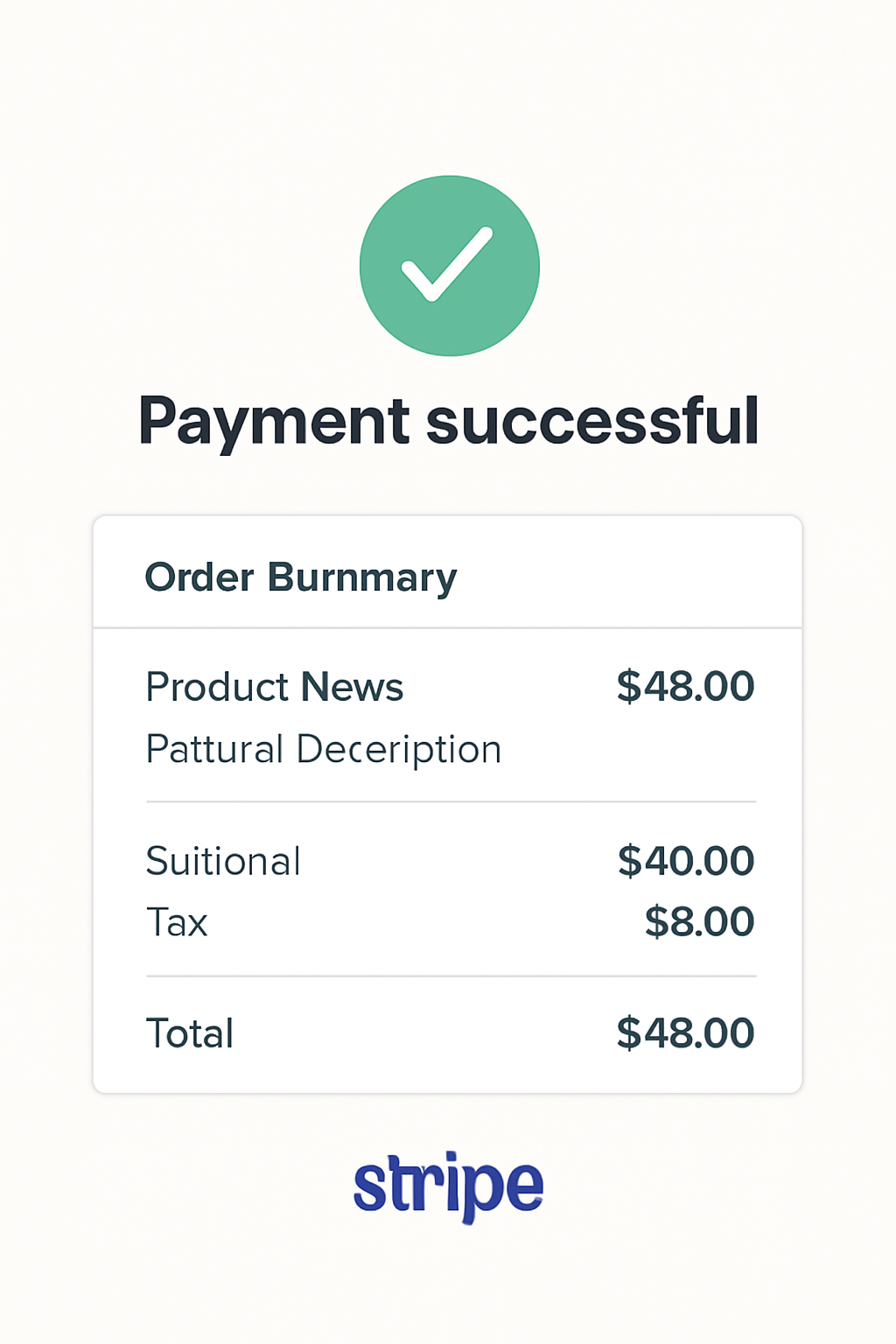 A confirmation page with a checkmark, order summary, and Stripe branding, conveying successful payment and satisfaction