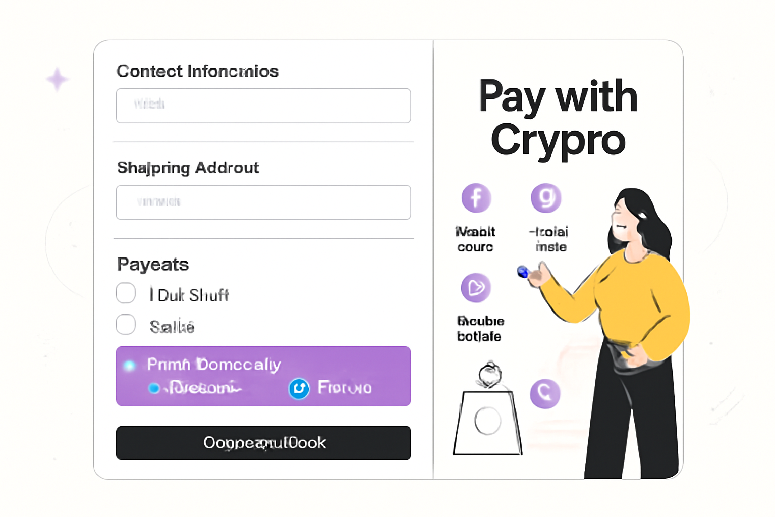 A modern e-commerce checkout page with 'Pay with Crypto' highlighted, Solana and USDC logos visible, energetic and clean design