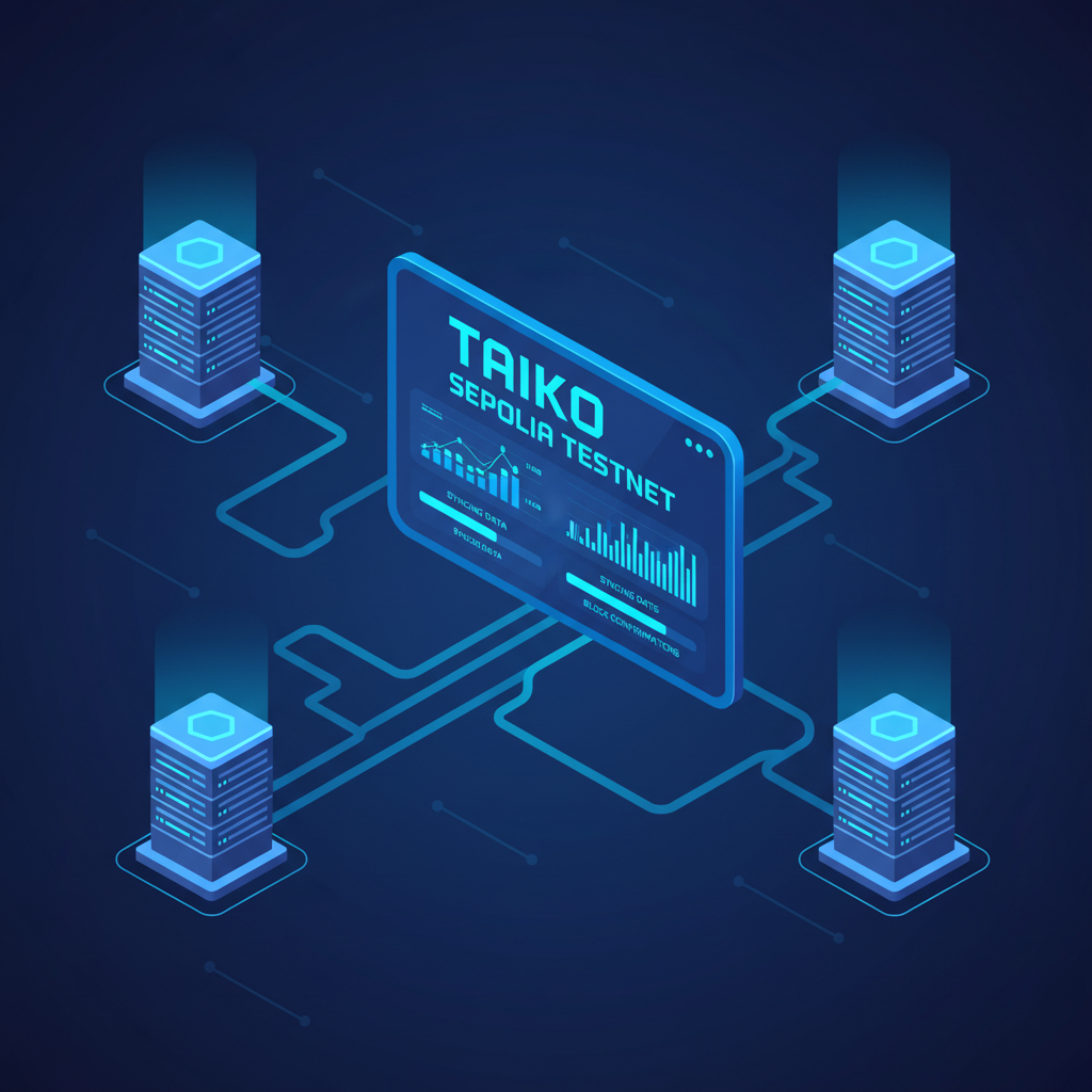 futuristic blockchain nodes syncing data streams to Taiko Sepolia testnet dashboard glowing blue