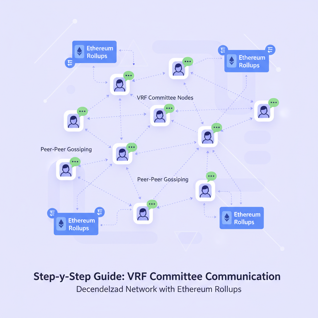 VRF committee nodes gossiping peer-to-peer in a decentralized network graph with Ethereum rollups