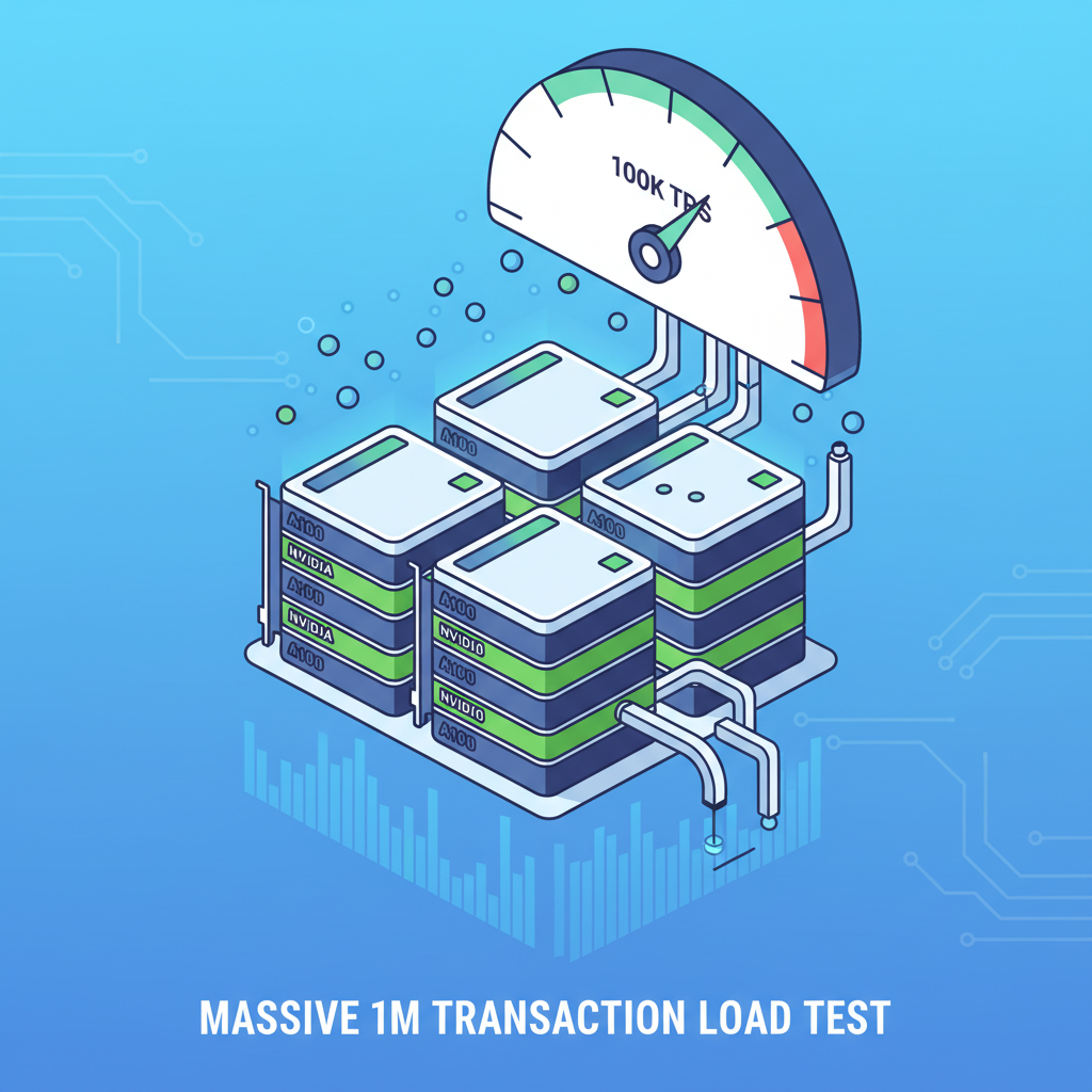 NVIDIA A100 GPU cluster running massive 1M transaction load test with speedometer at 100k TPS