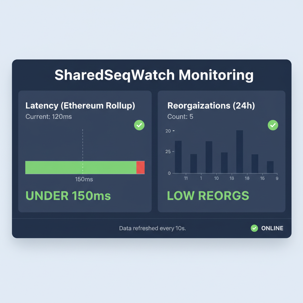 SharedSeqWatch monitoring dashboard showing green latency under 150ms and low reorgs on Ethereum rollup