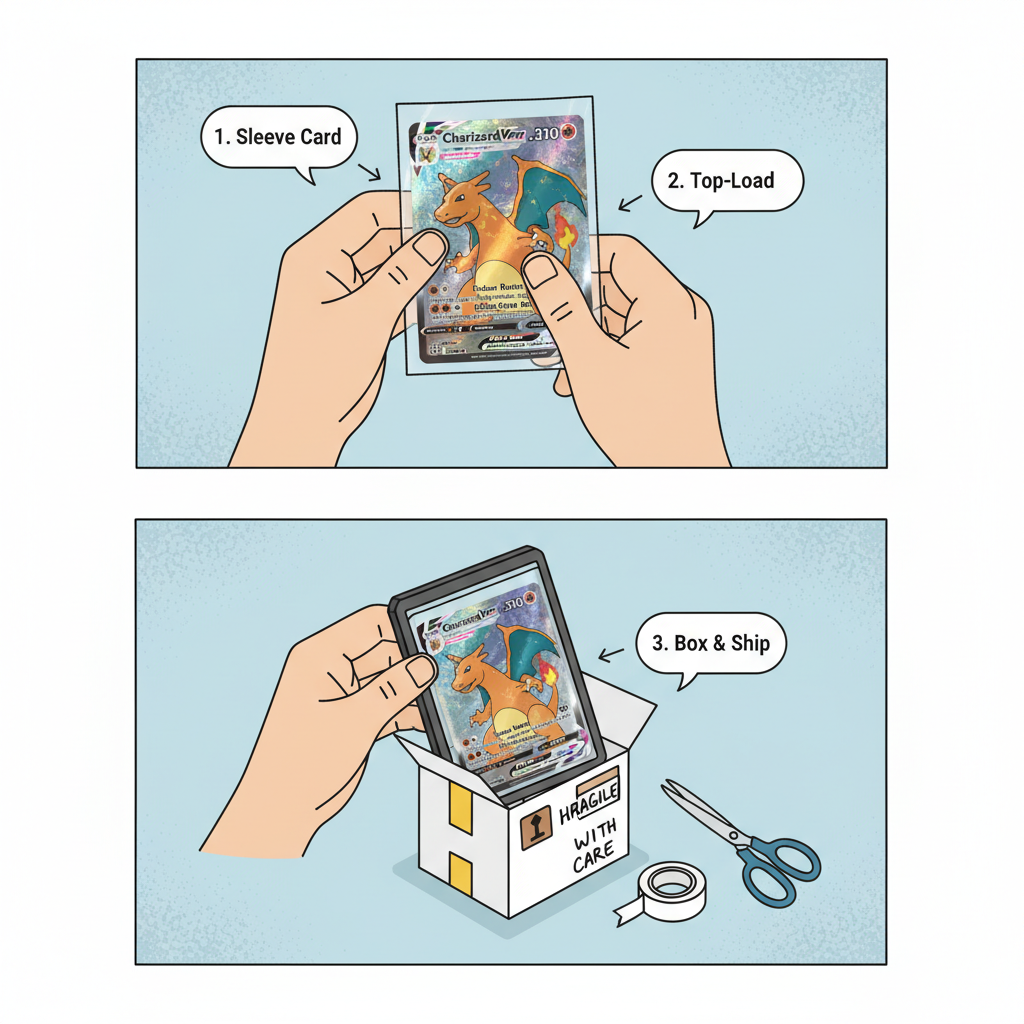 person carefully packaging shiny Pokémon card in protective sleeve and box for shipping, realistic, detailed