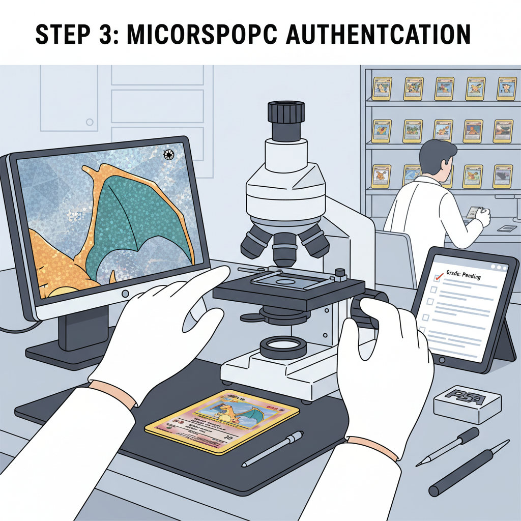 Pokémon card under microscope being graded by expert in lab, professional authentication process, precise details
