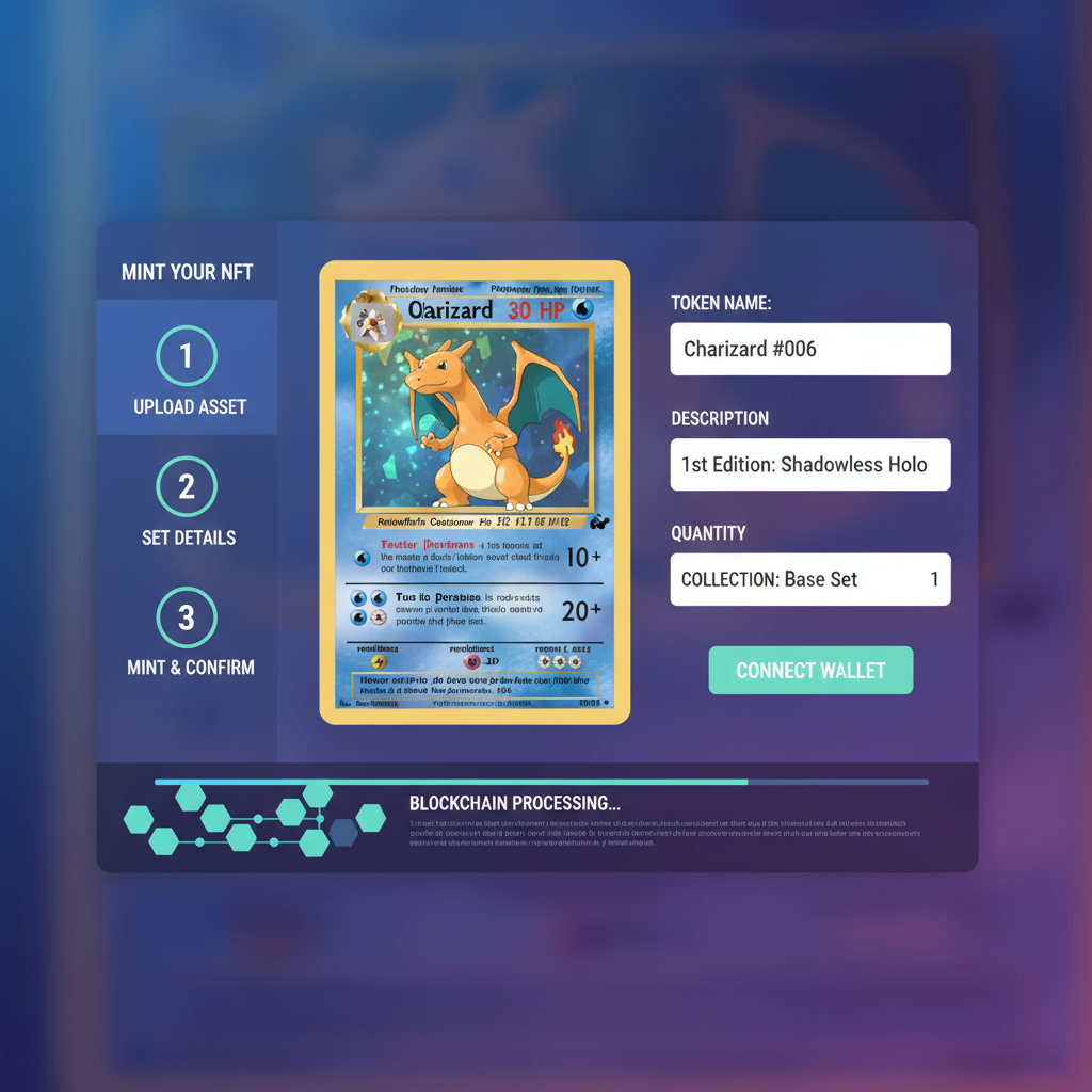 digital NFT minting interface showing Pokémon card details, blockchain animation, futuristic UI