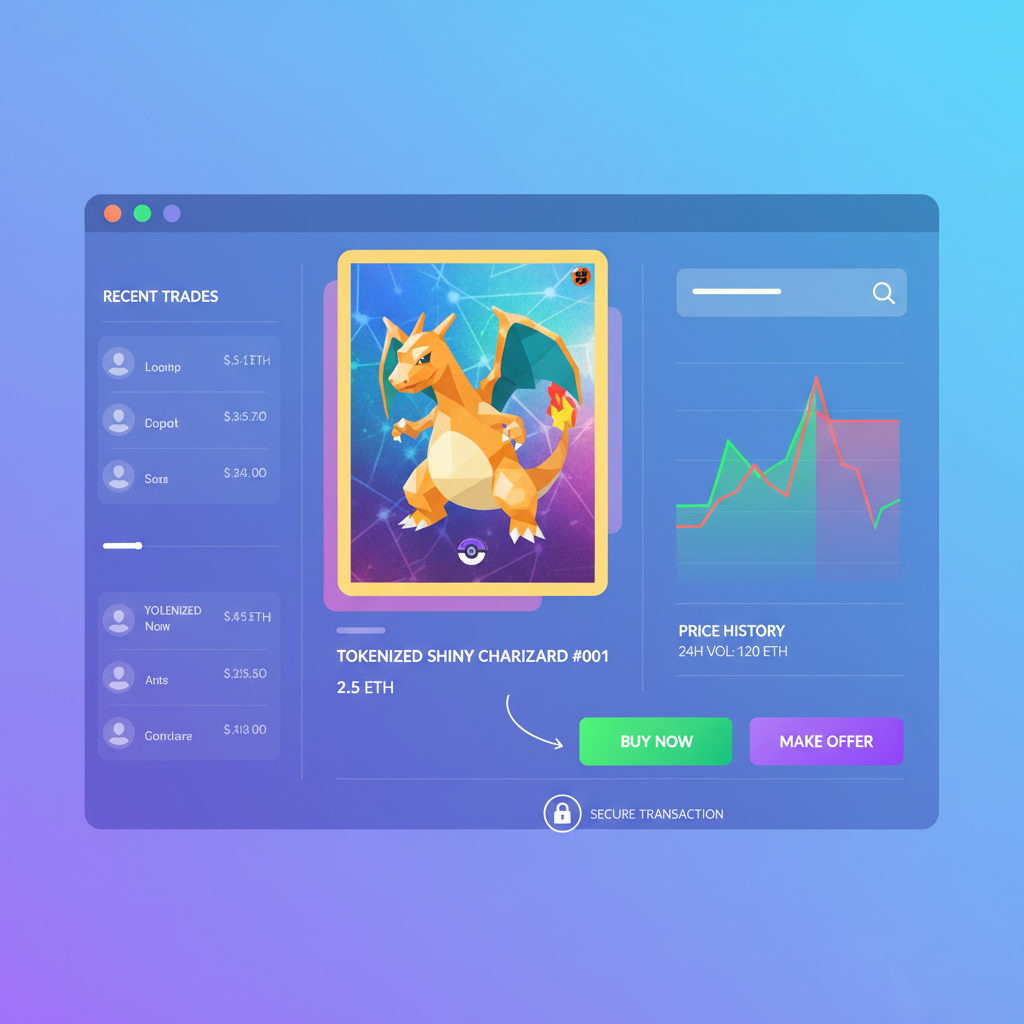 NFT marketplace listing tokenized Pokémon card, trading charts and buy/sell buttons, vibrant crypto interface