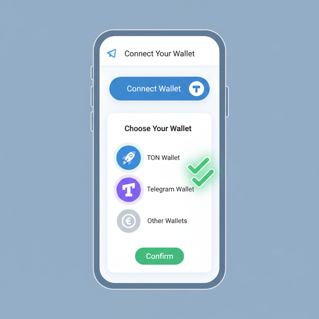 Telegram Mini App wallet connection button, user selecting TON wallet, secure green checkmarks, mobile screen