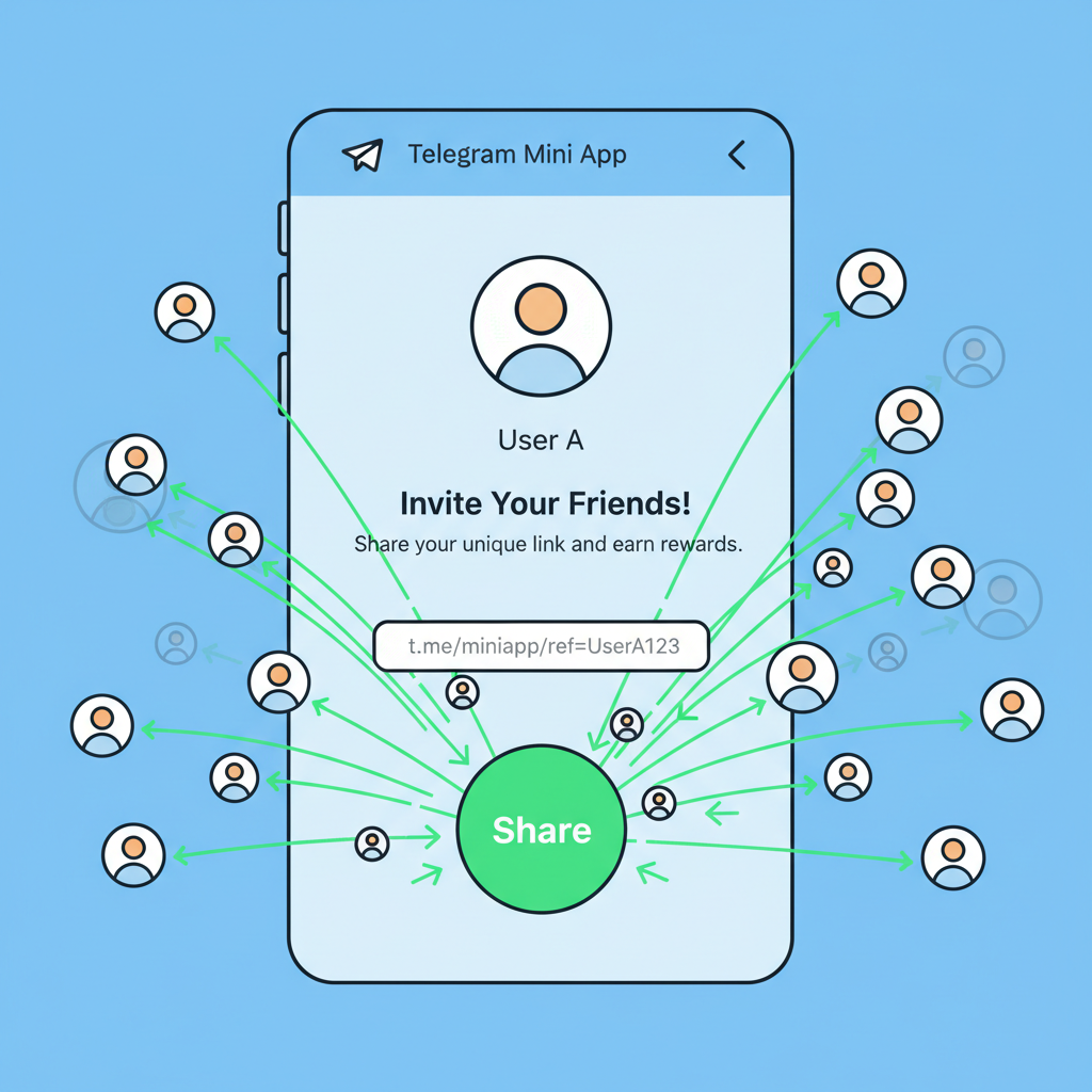 Viral referral sharing in Telegram Mini App, friend invite screen, share button exploding with users, social network graph