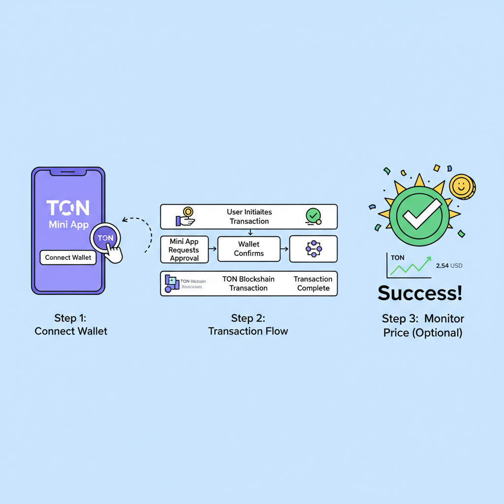 TON wallet connected in Mini App, transaction flow diagram, Toncoin price chart snippet, success animation