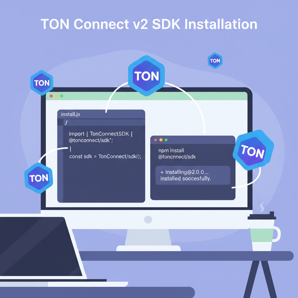Installing TON Connect v2 SDK in code editor, npm terminal, TON blockchain icons, developer workspace vibe