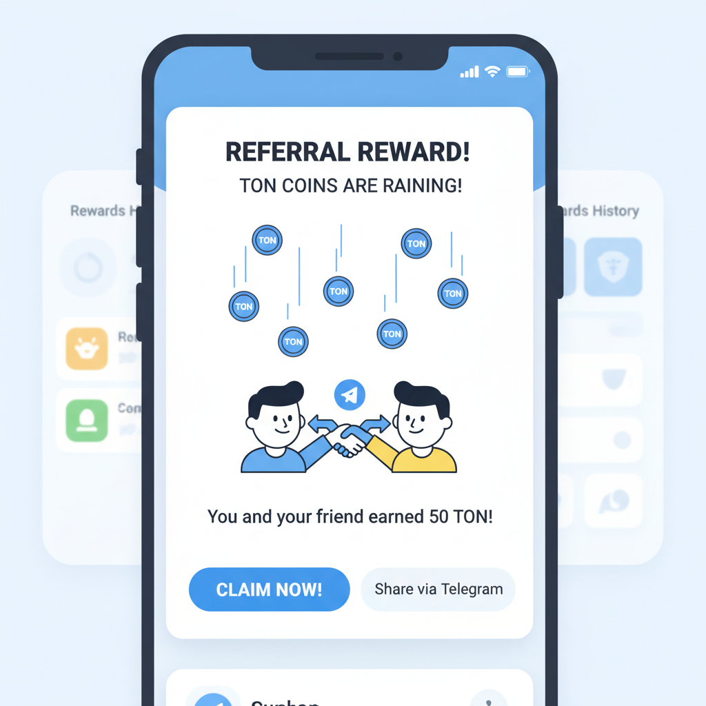 Referral reward popup in app, TON coins raining, two users high-fiving via Telegram, gamified UI