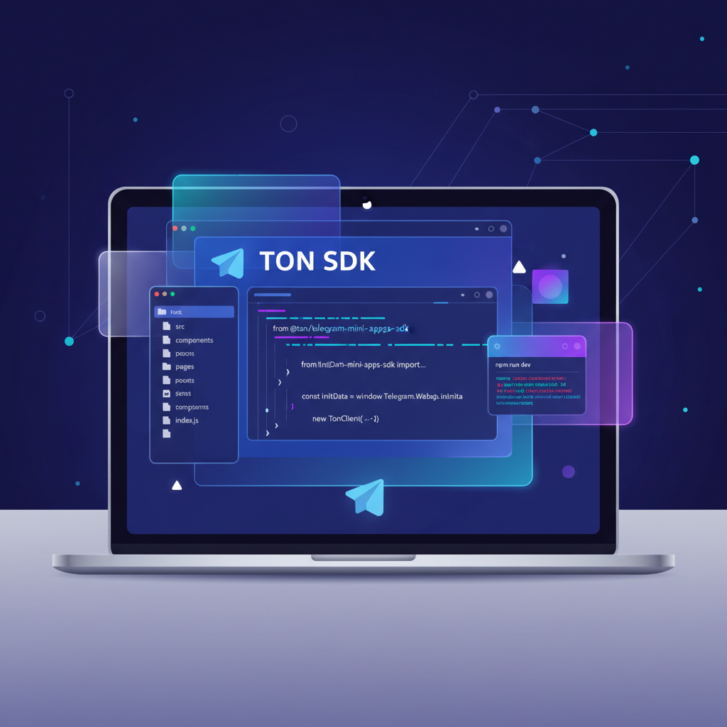 Telegram Mini App development setup on laptop screen, code editor with TON SDK, futuristic UI, clean modern style