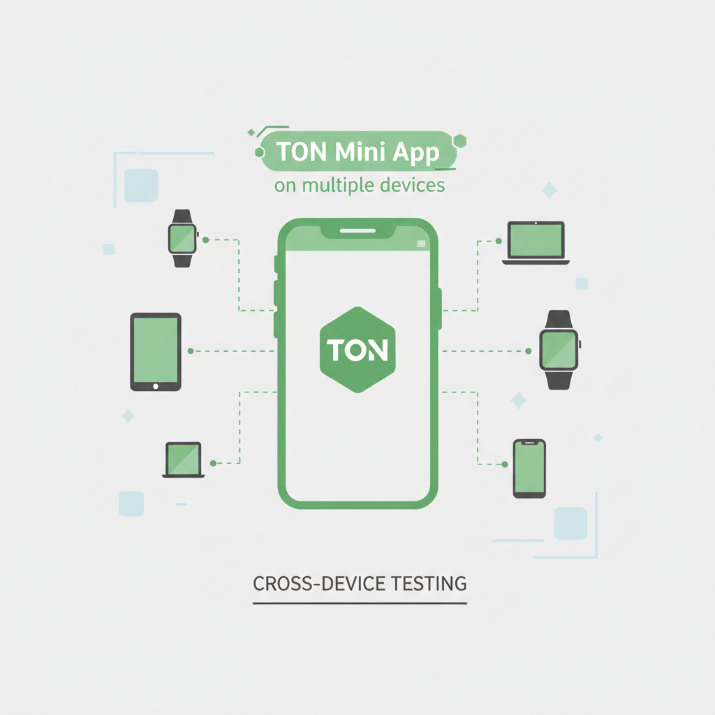 Testing TON Mini App on multiple devices, analytics dashboard, green pass checks, launch rocket