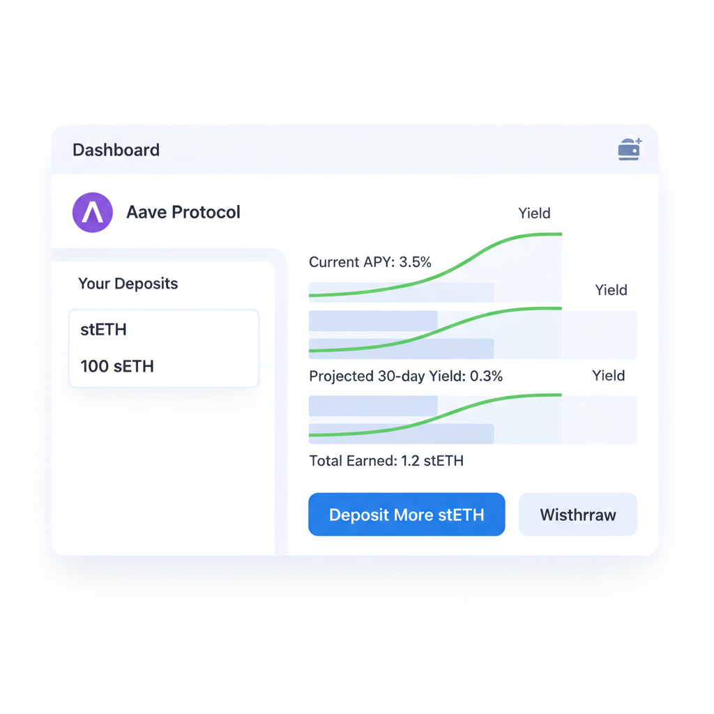 Aave lending pool, stETH deposit, yield graphs rising, modern DeFi dashboard