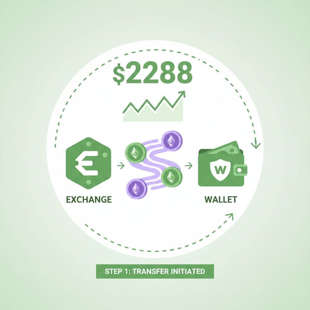 ETH transfer from exchange to wallet, coins flowing, price chart showing $2288, green tones