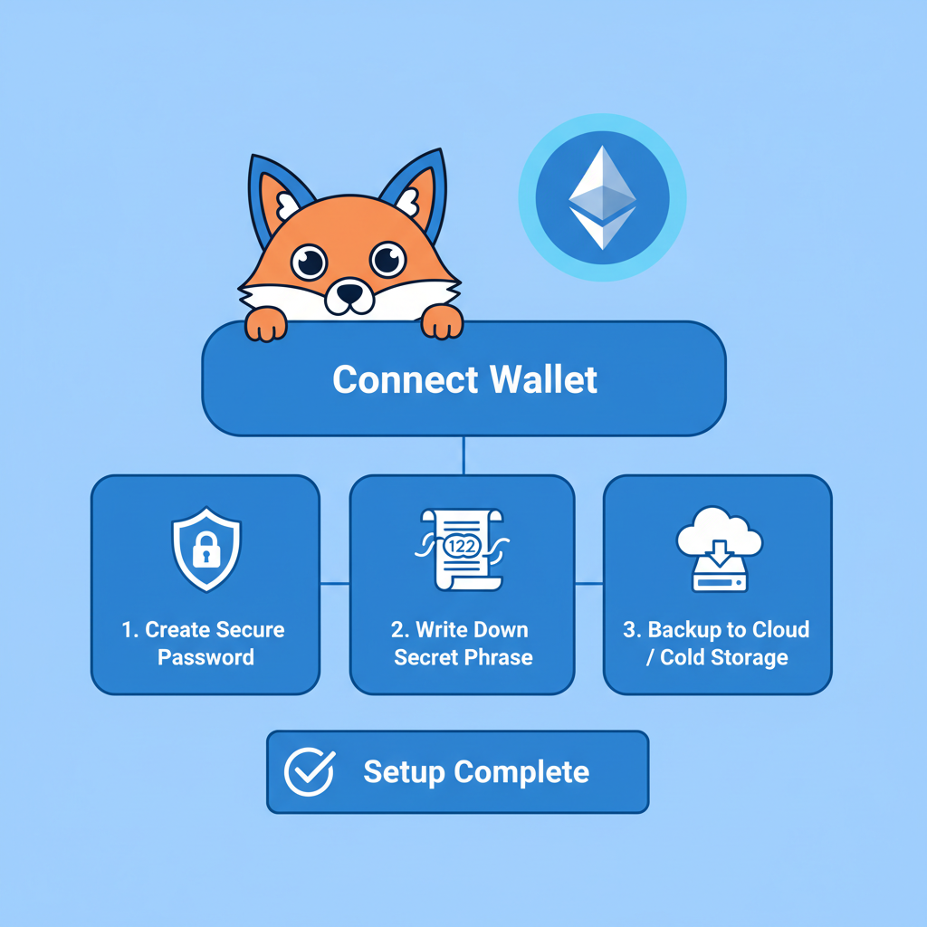 cartoon wallet setup with MetaMask fox, Ethereum logo, secure backup, blue tones