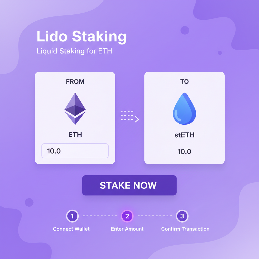Lido staking interface, ETH to stETH conversion, liquid drop icon, purple Ethereum theme