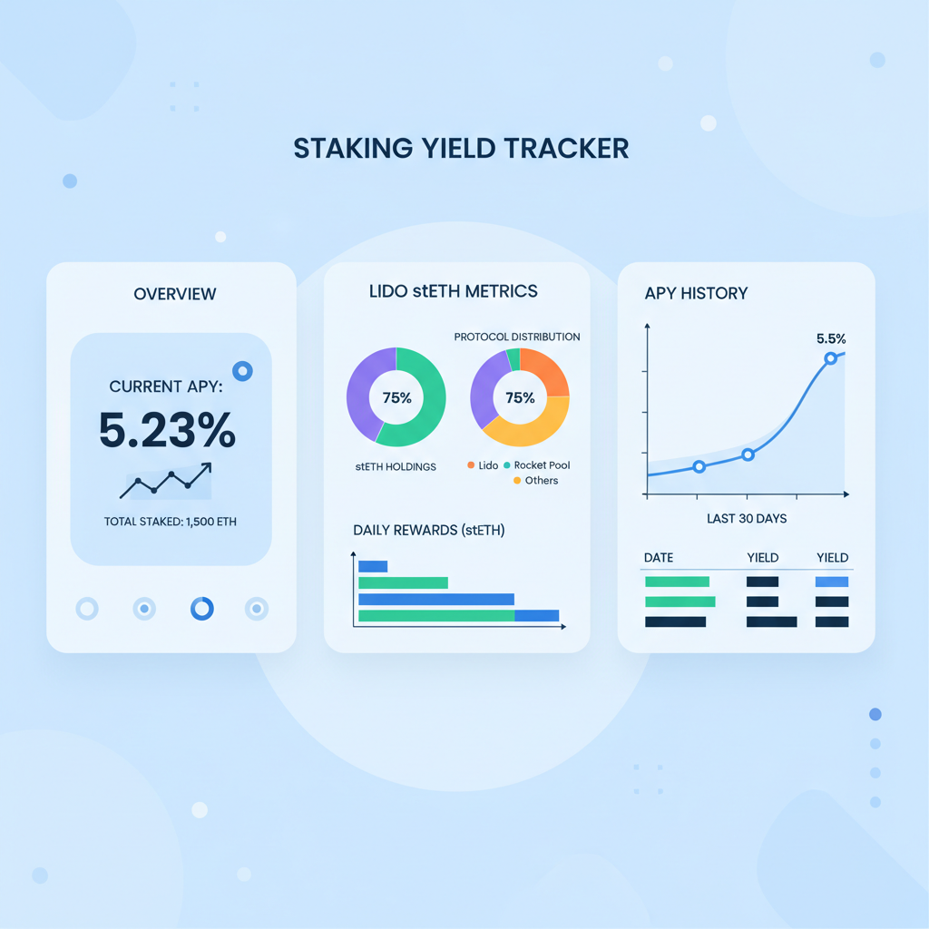 dashboard tracking staking yields, charts with APY, Lido stETH metrics, data viz style