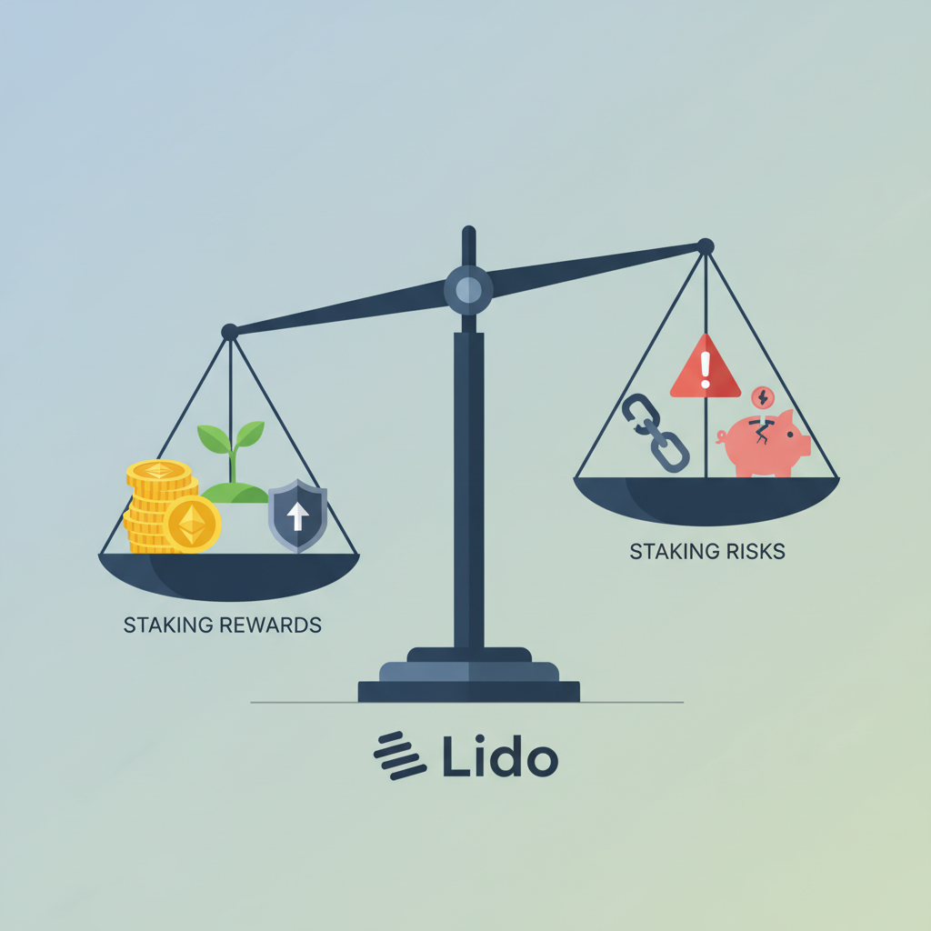 balance scale with ETH staking rewards vs risks icons, Lido logo, balanced colors