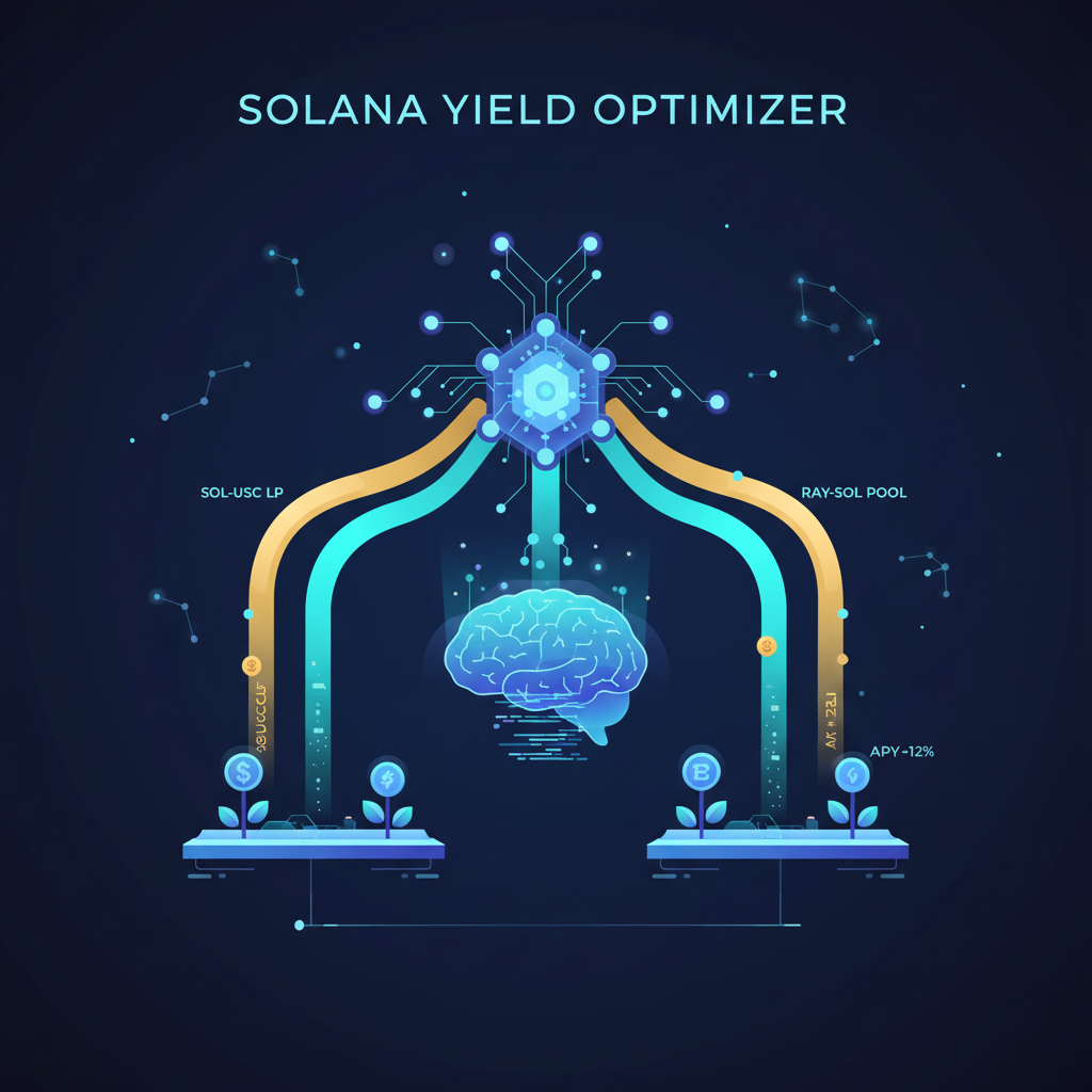 AI neural network scanning Solana yield farms, liquidity flows as glowing streams, data visualization sci-fi style