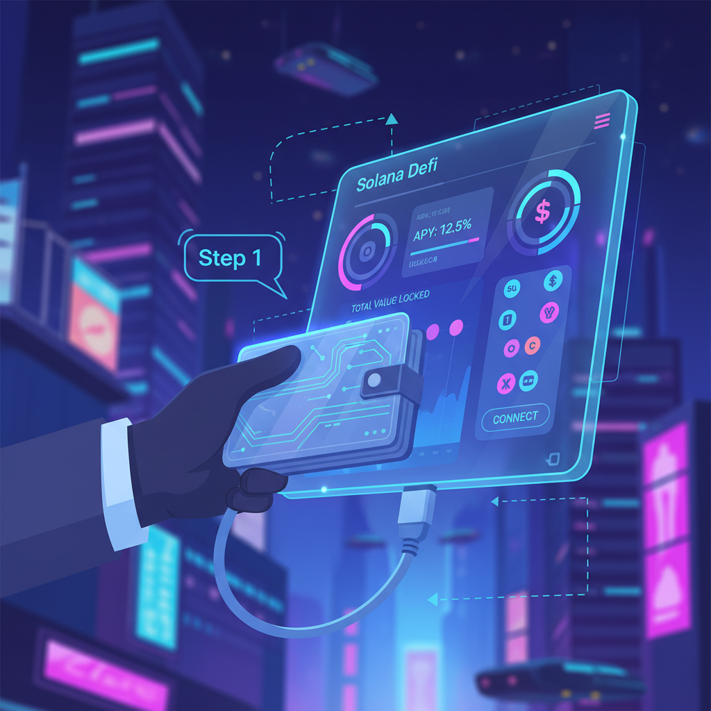 cyberpunk wallet connecting to glowing Solana DeFi dashboard, neon blues and purples, futuristic UI