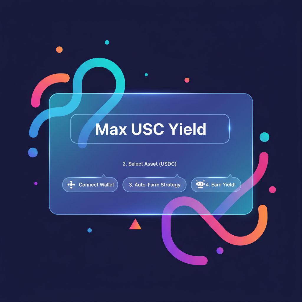 sleek AI chat interface with 'Max USDC Yield' prompt on Solana platform, holographic display, vibrant gradients