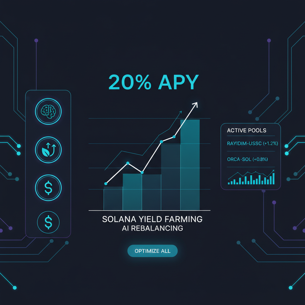 dashboard monitoring AI yield farming rebalances on Solana, charts rising to 20% APY, dark mode futuristic