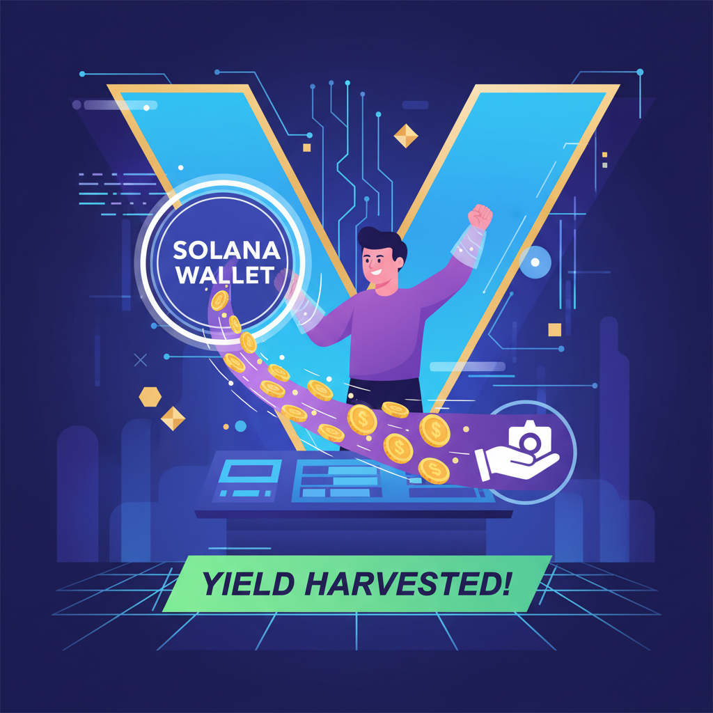 user withdrawing glowing yields from Solana wallet, coins flowing out, triumphant cyber victory scene