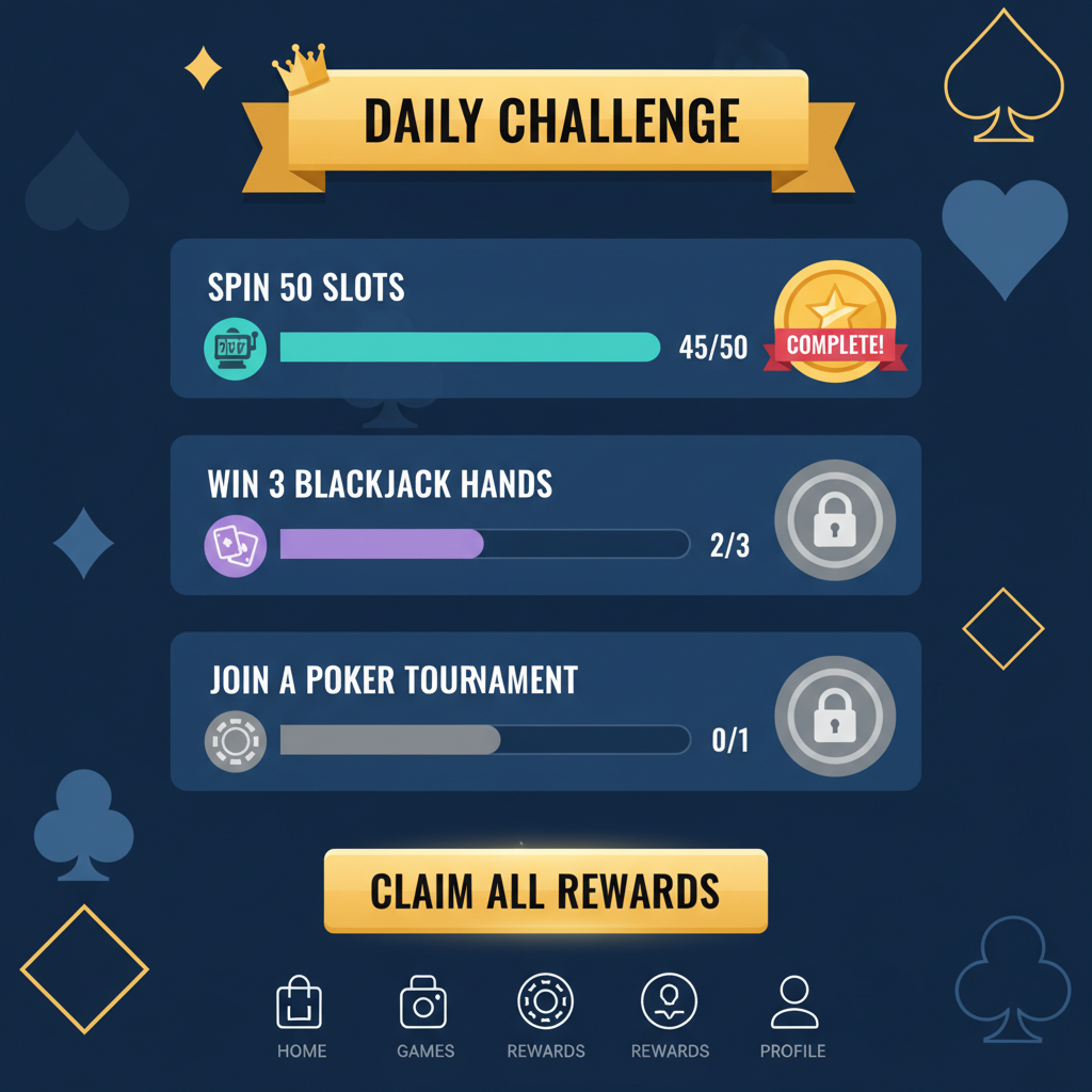 daily challenge checklist in casino app, progress bars filling, reward badges