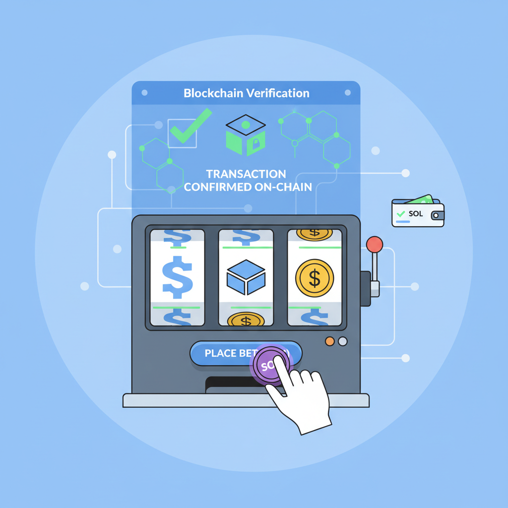 placing bet on solana on-chain slot machine, spinning reels, blockchain verification overlay