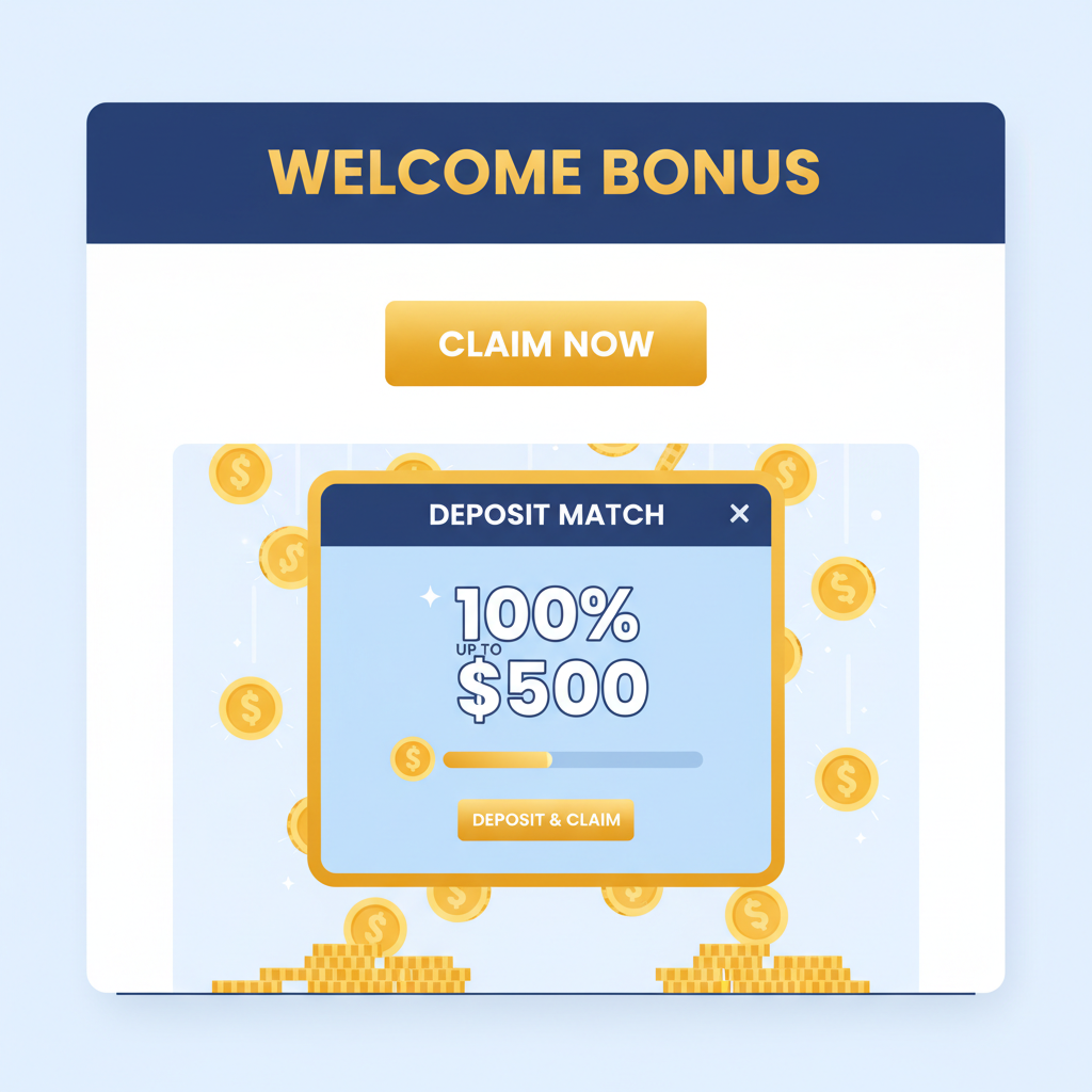 casino welcome bonus claim screen, deposit match popup, golden coins raining