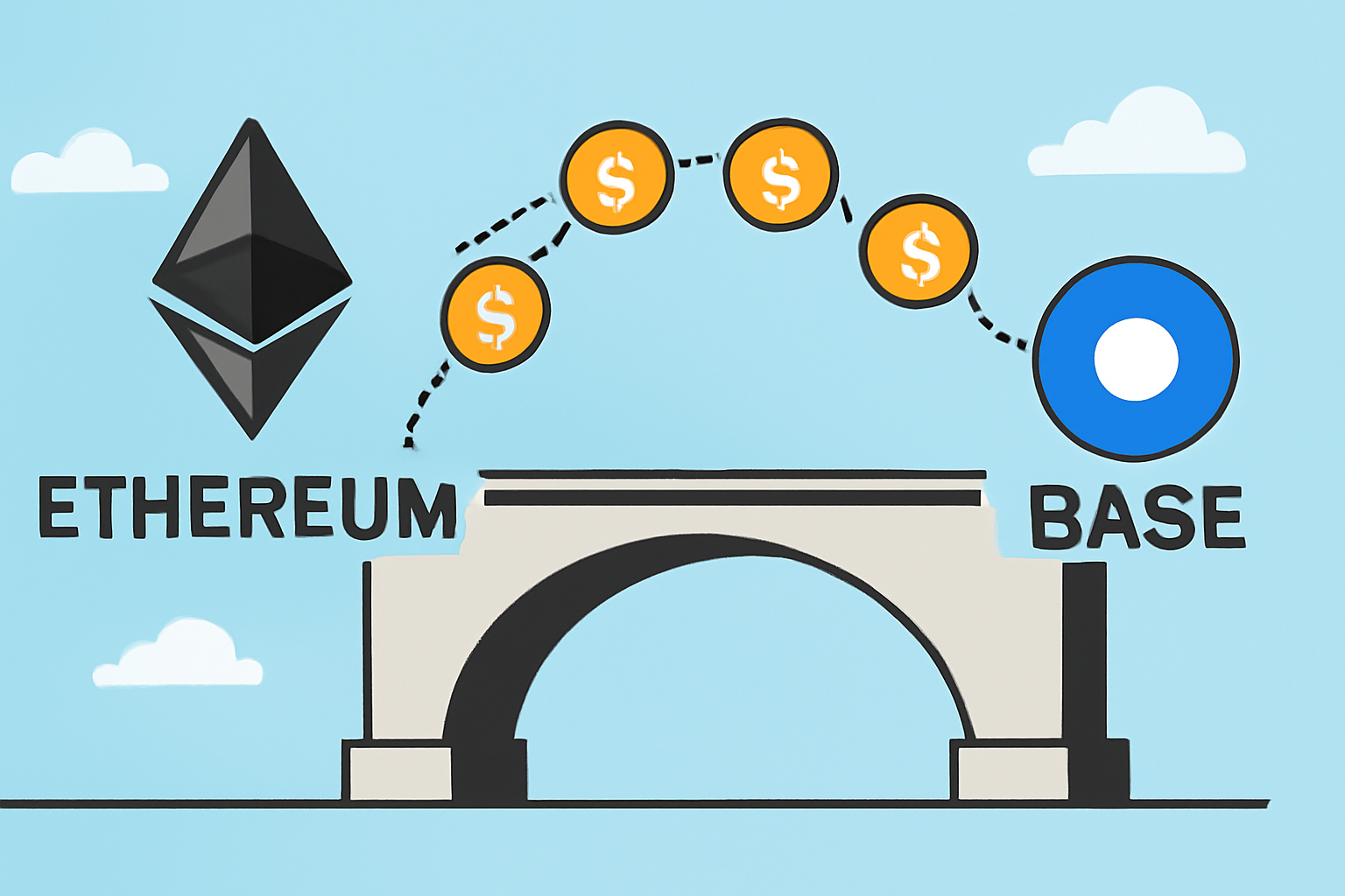 A visual of crypto tokens moving across a bridge from Ethereum to the Base network
