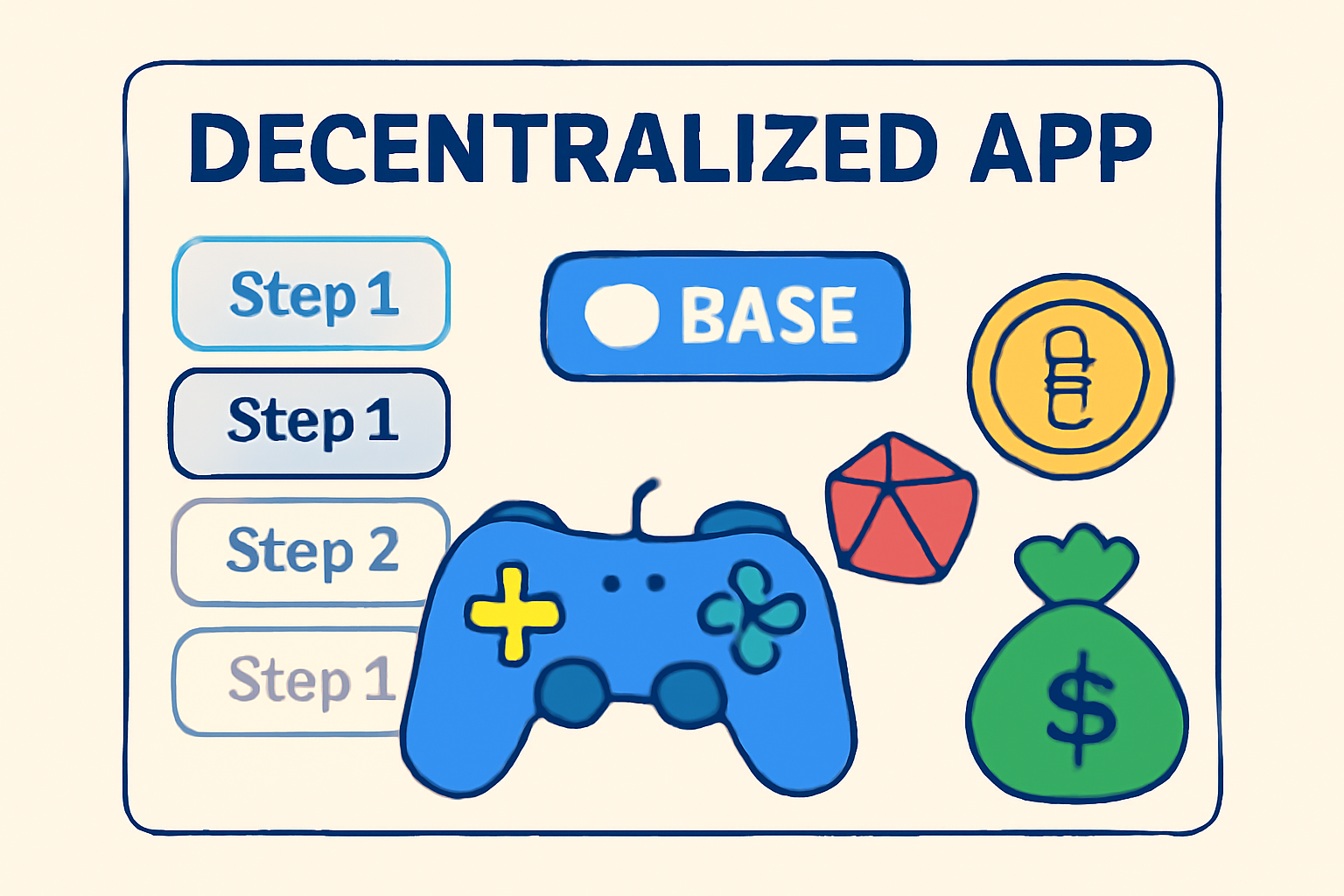 A lively interface of a decentralized app, featuring gaming and finance icons on the Base network
