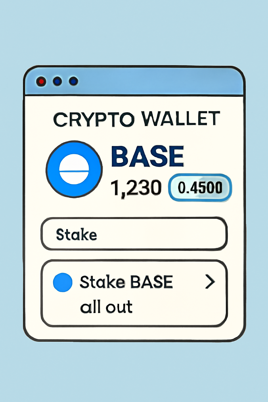A crypto wallet displaying $BASE token holdings and staking options, with price $0.4568 highlighted