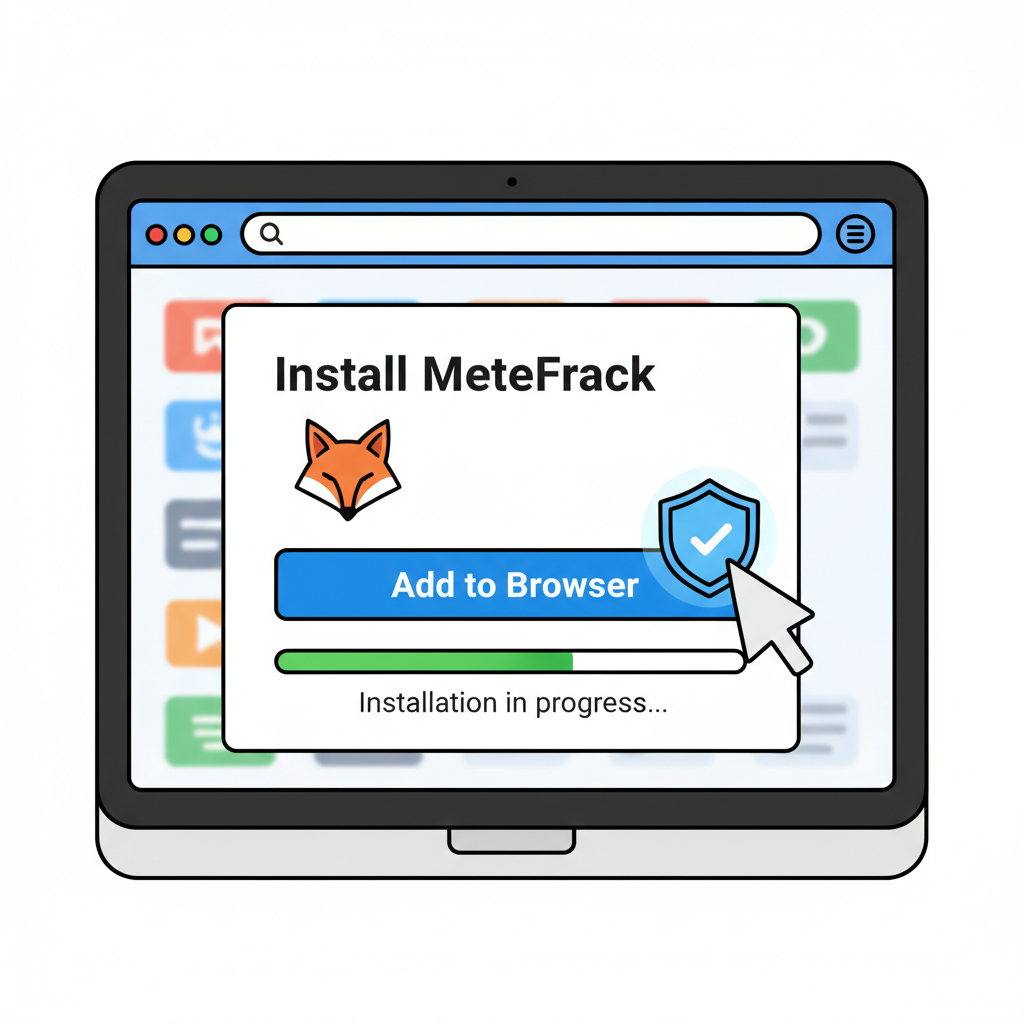 cartoon illustration of installing MetaMask wallet on browser with security lock icon