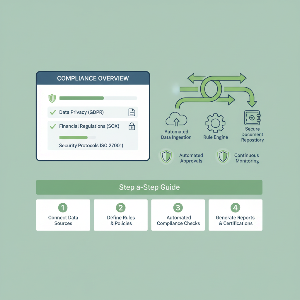 automated compliance dashboard with checklists shields documents, green automated flows