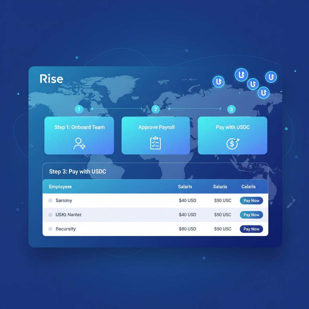 sleek modern payroll dashboard for Rise platform, USDC stablecoin icons, global map background, futuristic blue tones
