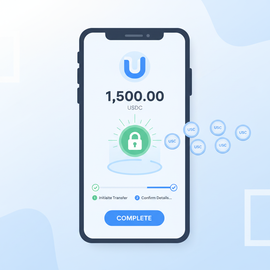 digital wallet being funded with USDC coins flowing in, secure lock icon, clean financial app interface