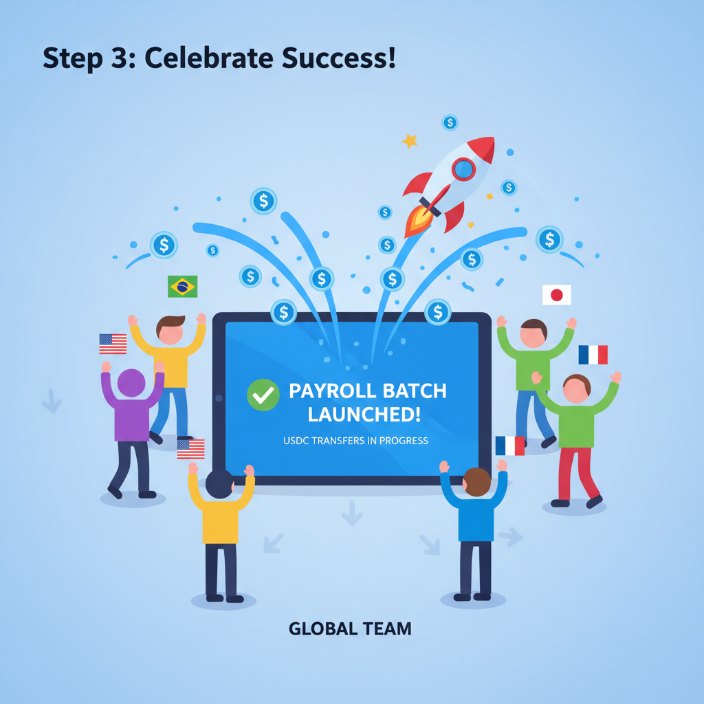 successful payroll batch launch screen, confetti USDC transfers to global team, rocket emoji vibe